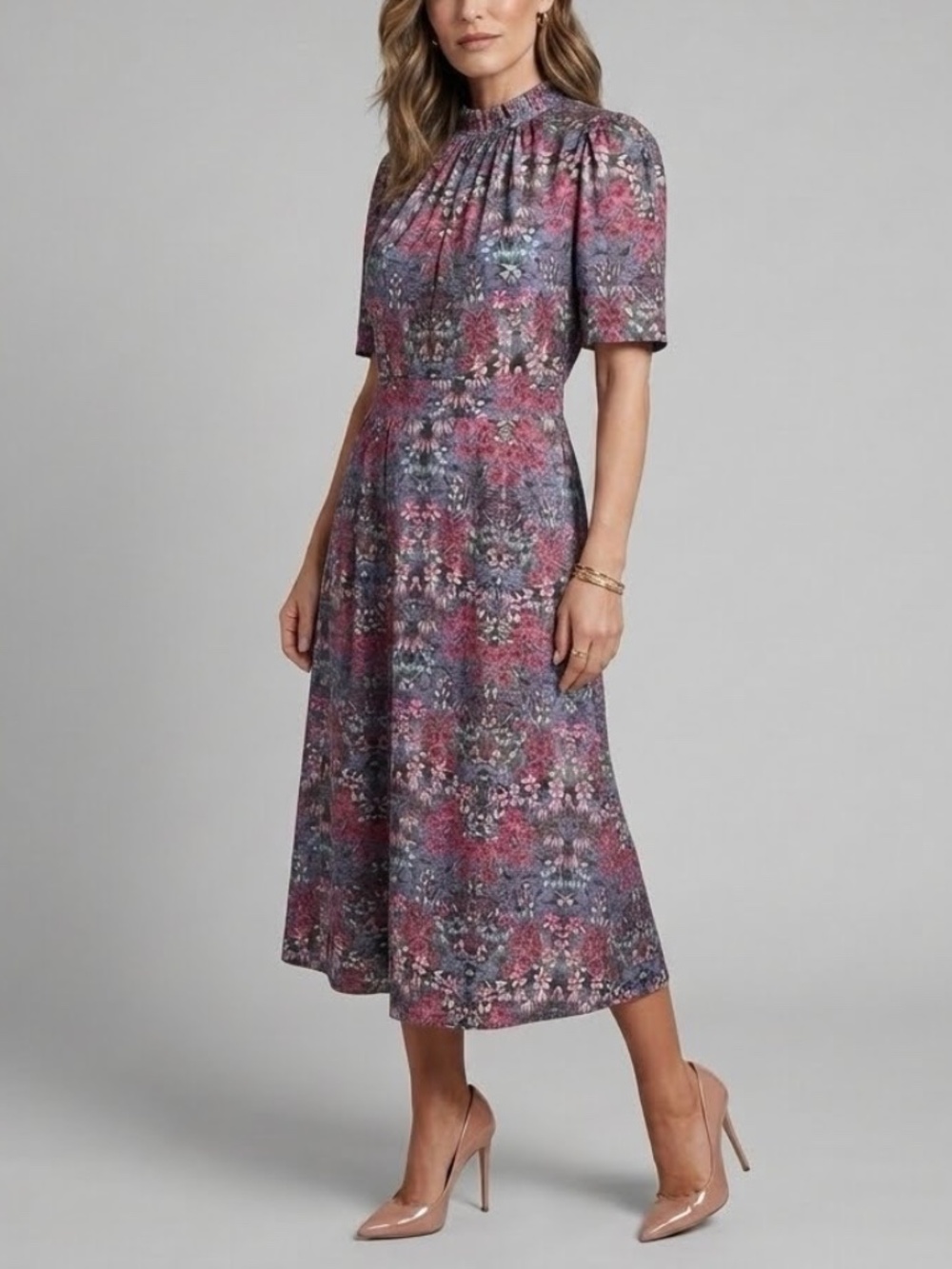 Julia Jordan Floral Mock Neck Midi Dress Sz 8 Short Sleeve Ruffle Pleated